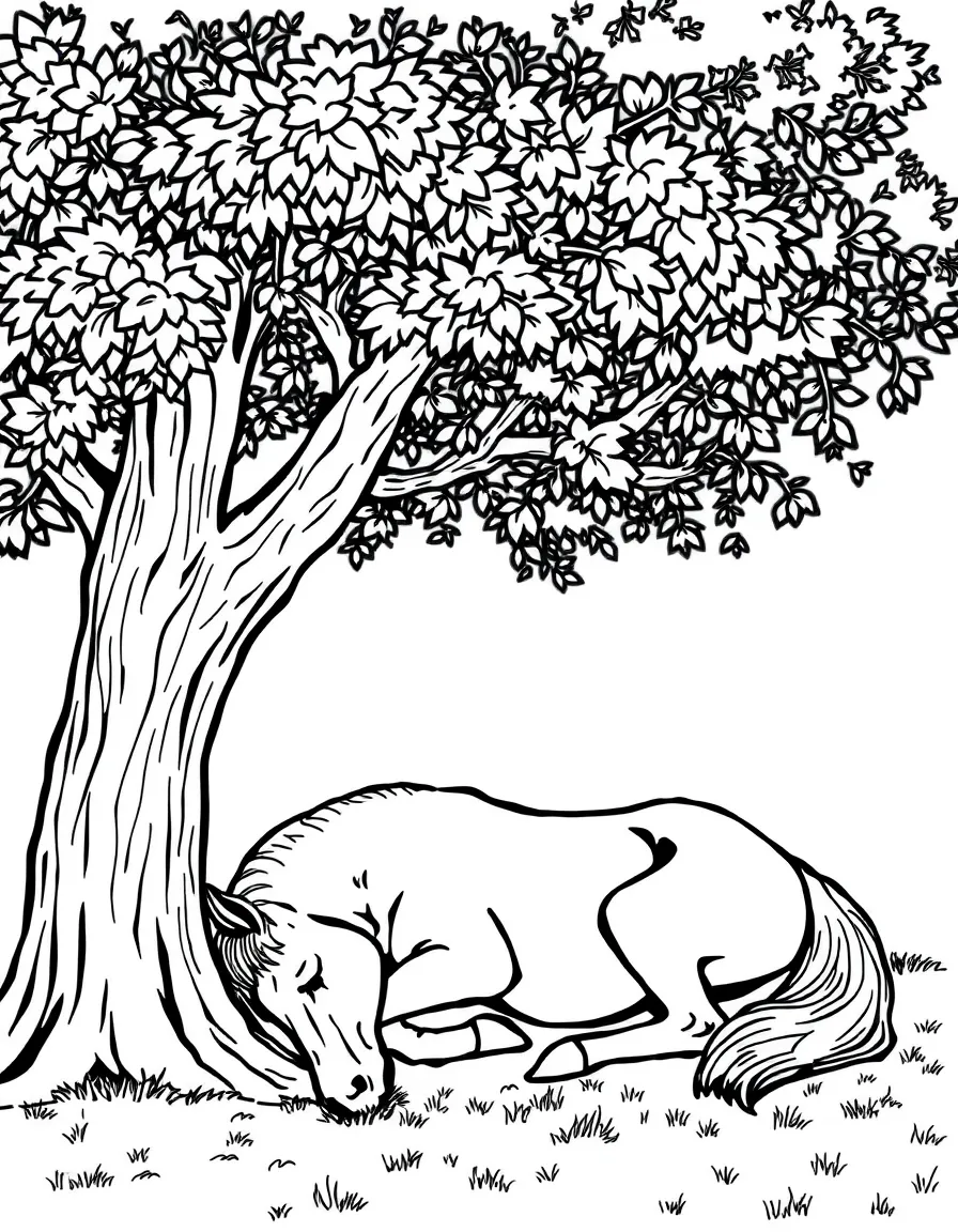 A horse napping under a tree