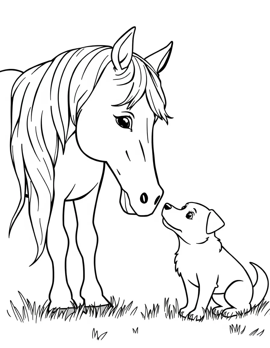 A horse making friends with a dog