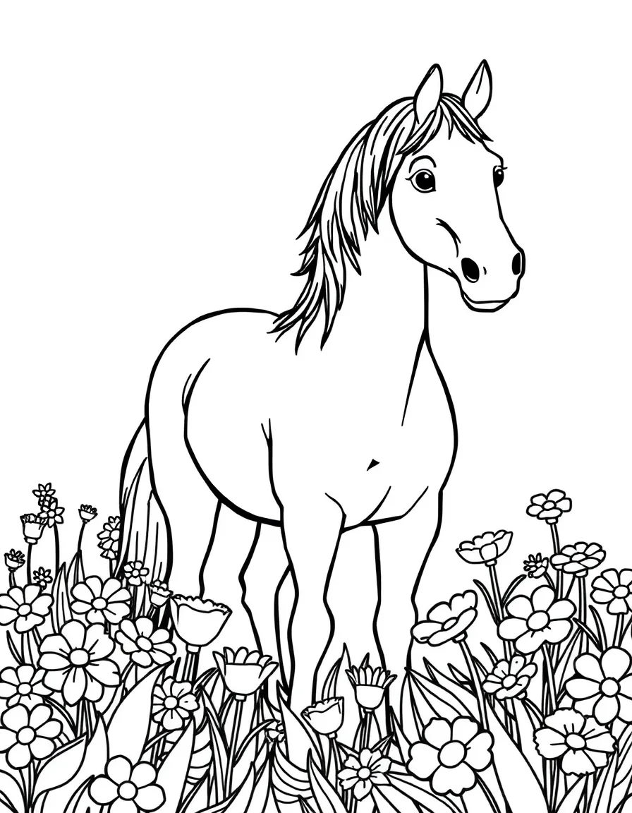 A horse in a flower garden