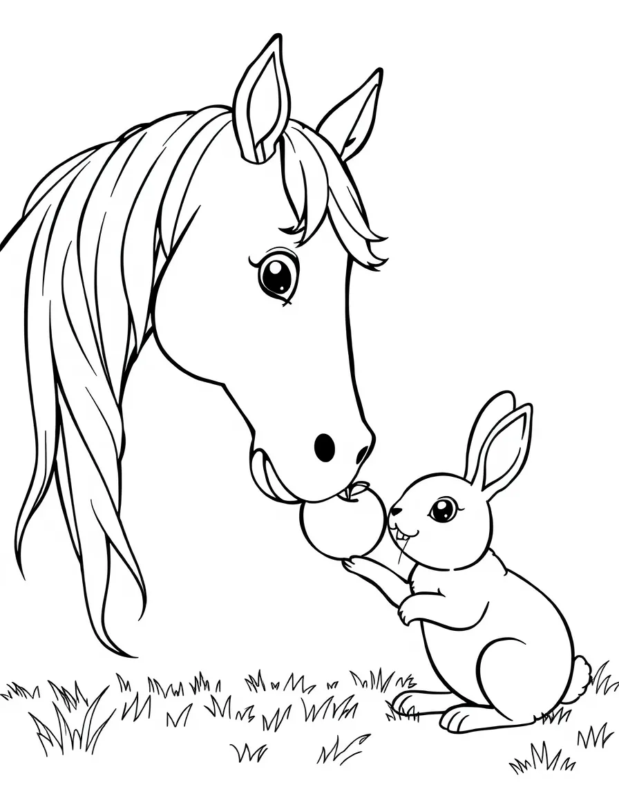A horse sharing an apple with a rabbit