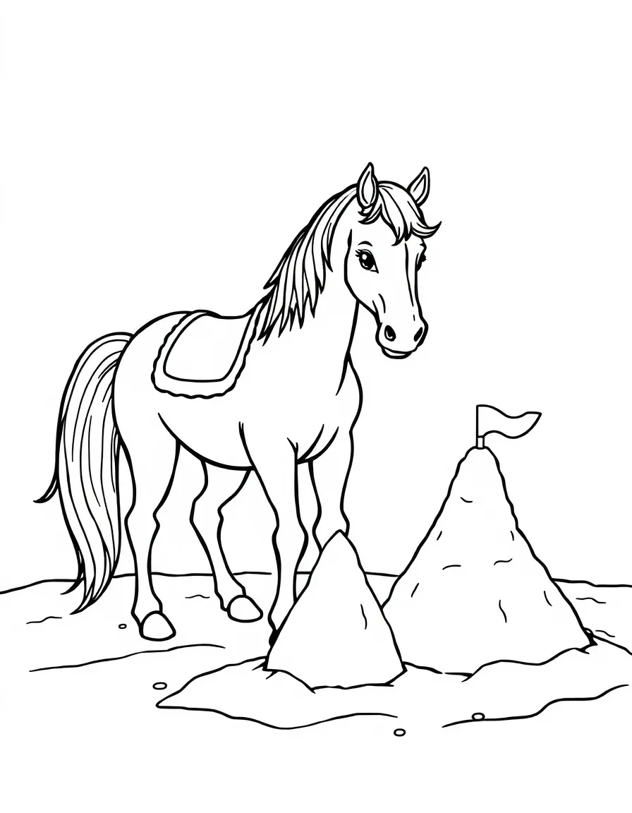 A horse making a sandcastle