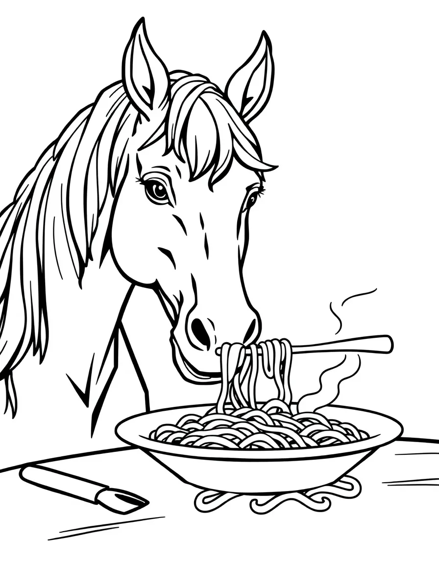 A horse eating spaghetti at a table