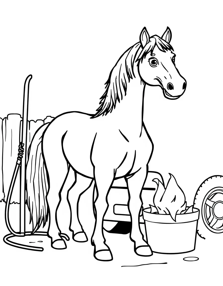 A horse washing a car