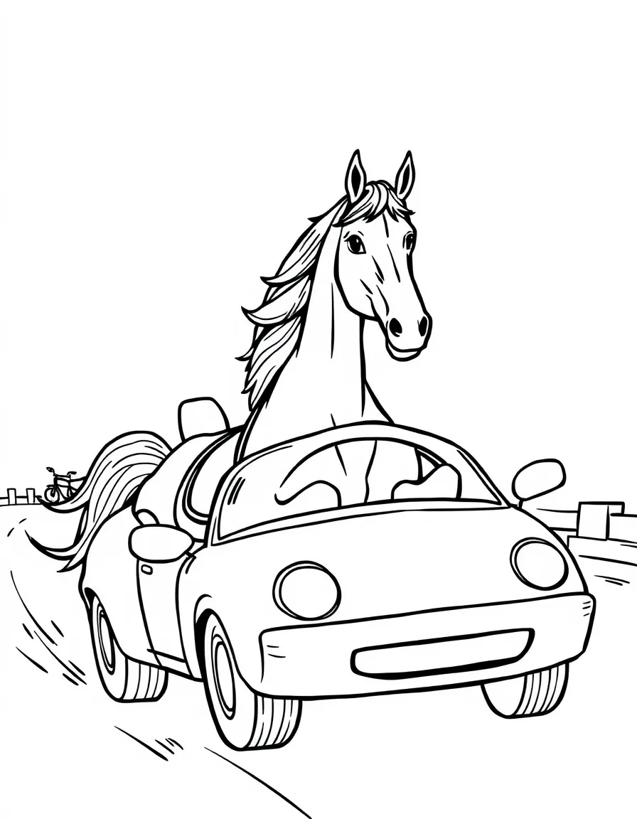 A horse driving a car