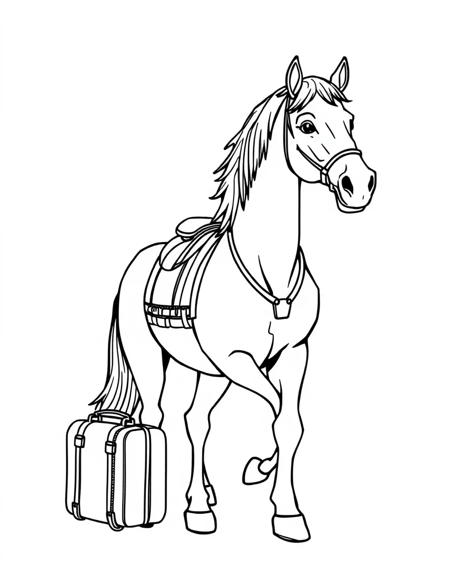 A horse with a suitcase traveling