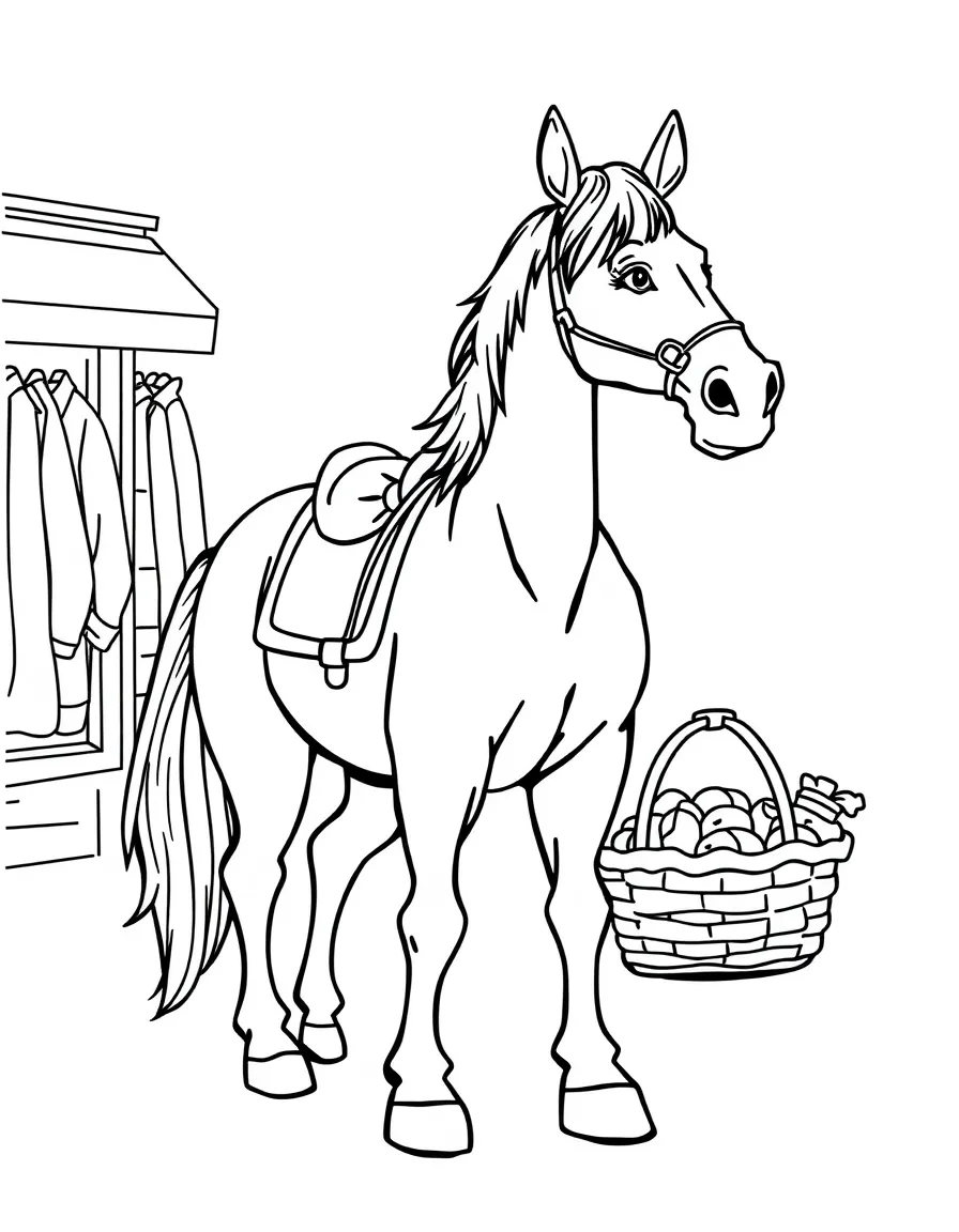 A horse shopping with a basket