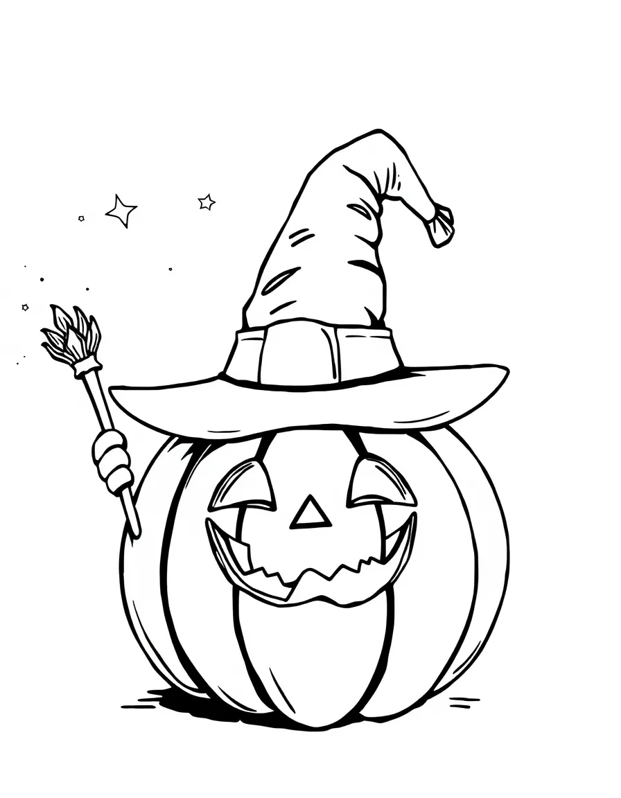 A whimsical pumpkin wearing a witch hat and holding a magic wand