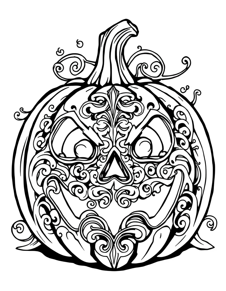An elaborate jack-o'-lantern with intricate carved patterns and swirls