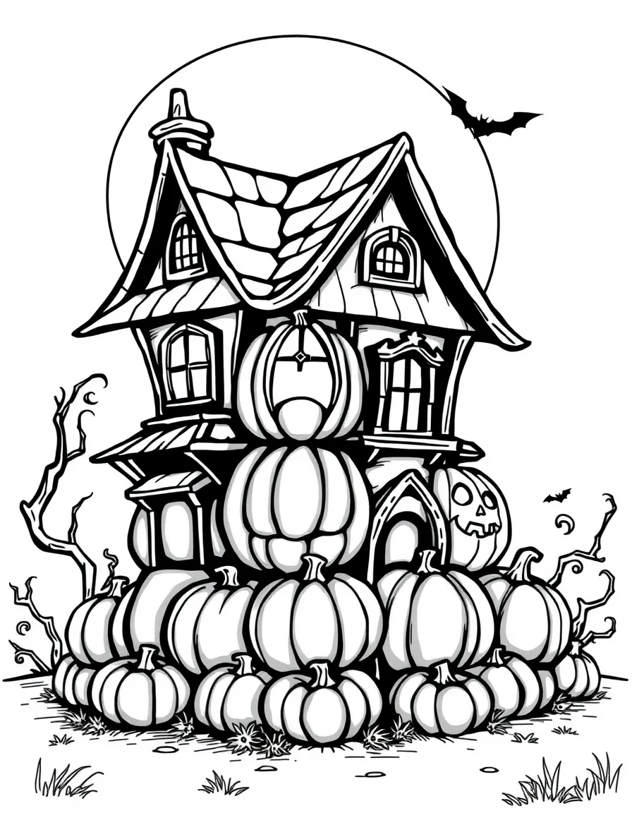 A haunted house made entirely of stacked pumpkins