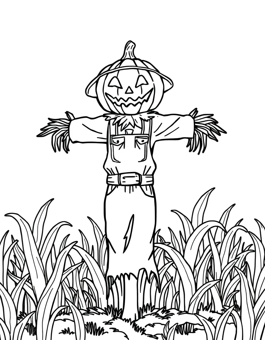 A pumpkin-headed scarecrow standing in a cornfield