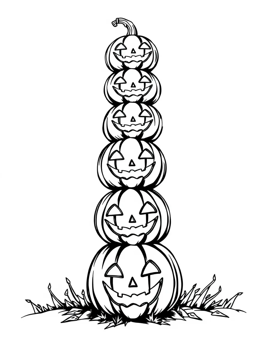 A tower of precariously balanced jack-o'-lanterns