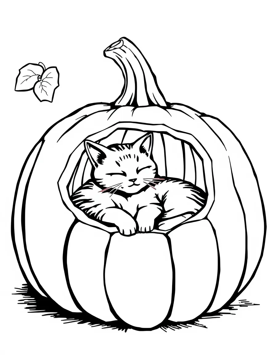 A cat sleeping inside a hollowed-out giant pumpkin