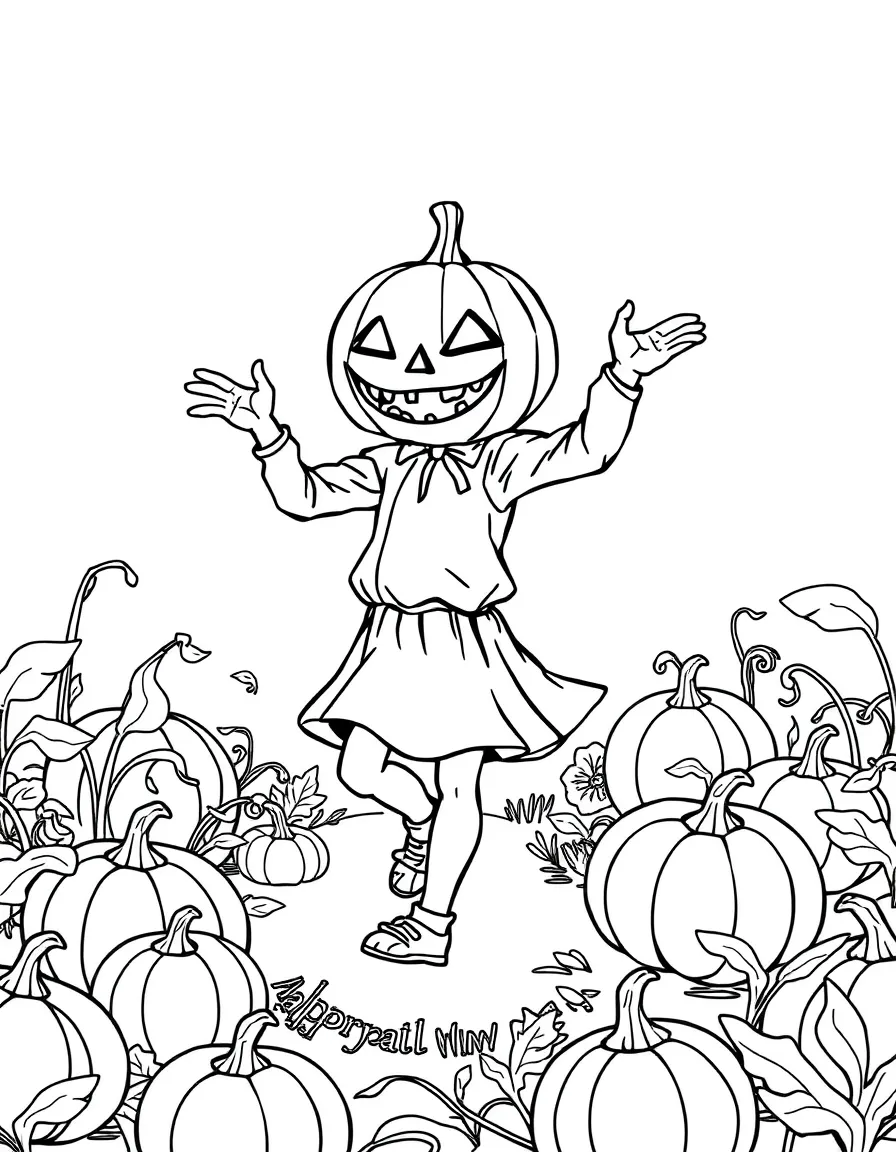 A pumpkin-headed figure dancing in a pumpkin patch