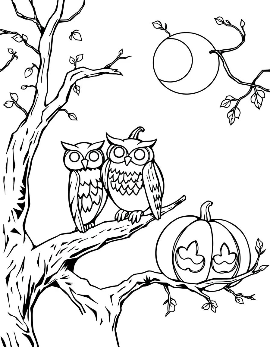 Pumpkins carved to look like owls perched on a tree branch