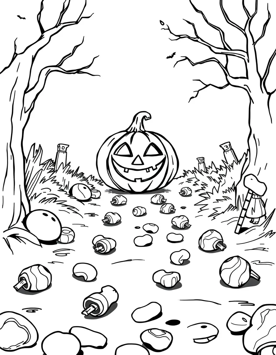A trail of candy leading to a mischievous jack-o'-lantern