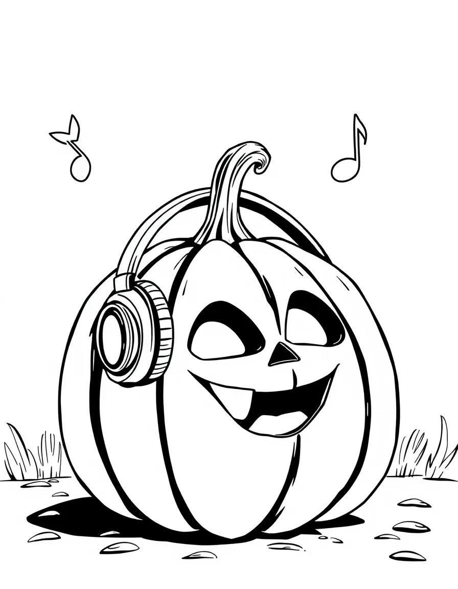 A pumpkin wearing headphones and bobbing to Halloween music