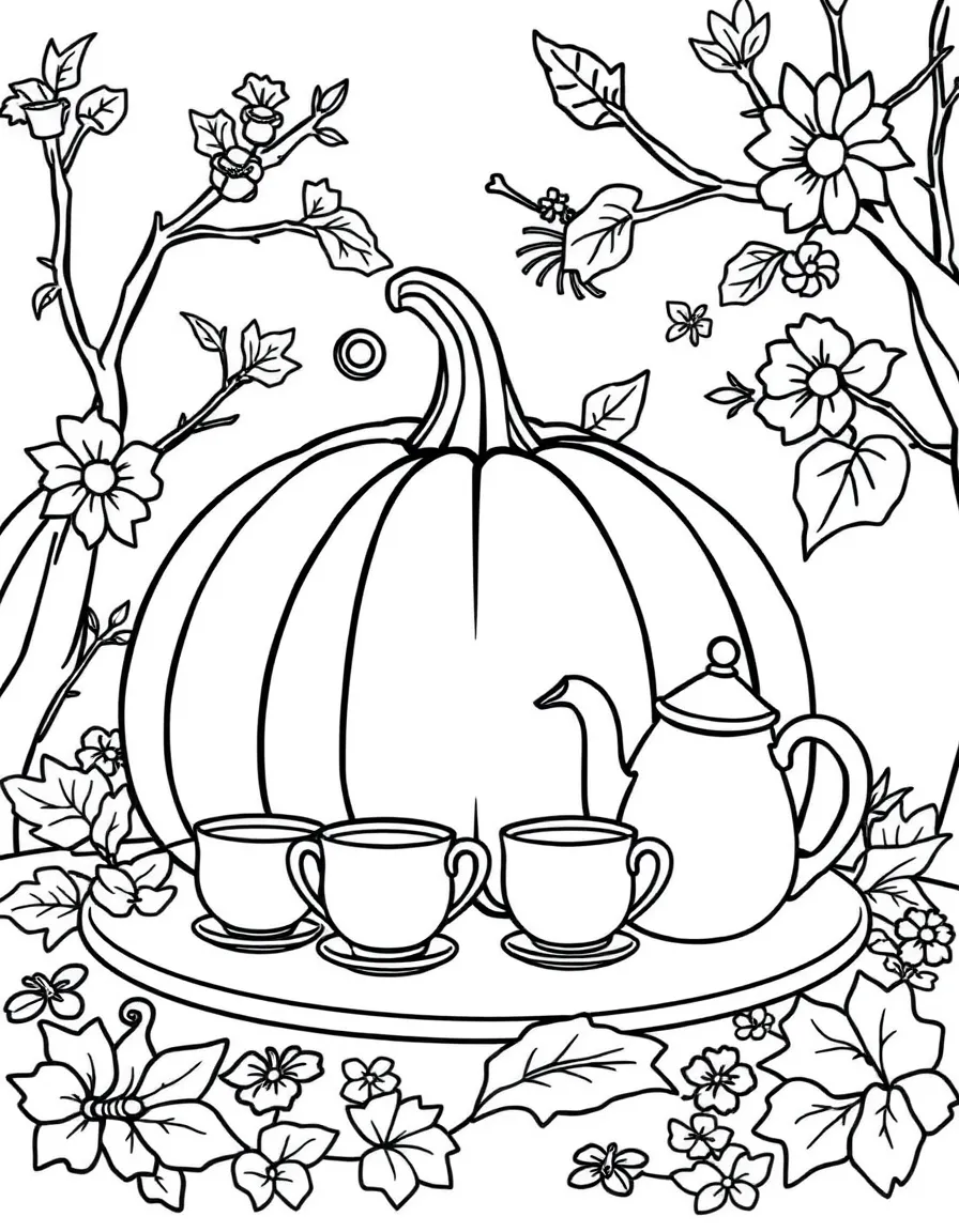 A pumpkin tea party with tiny cups and a teapot