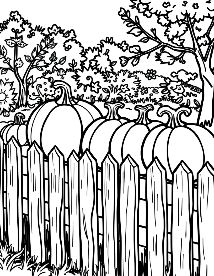 A row of pumpkins lined up on a picket fence