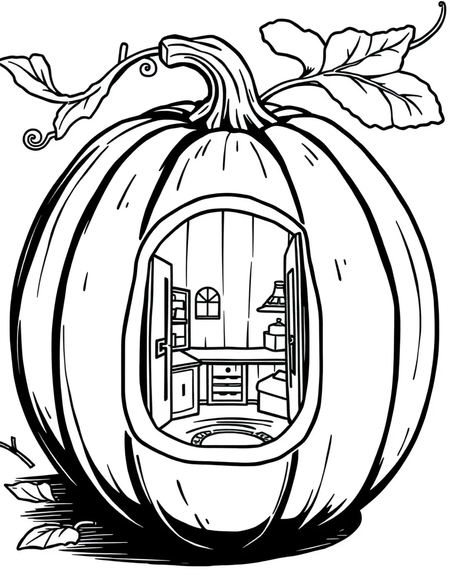A pumpkin with a window carved into it showing a tiny room inside