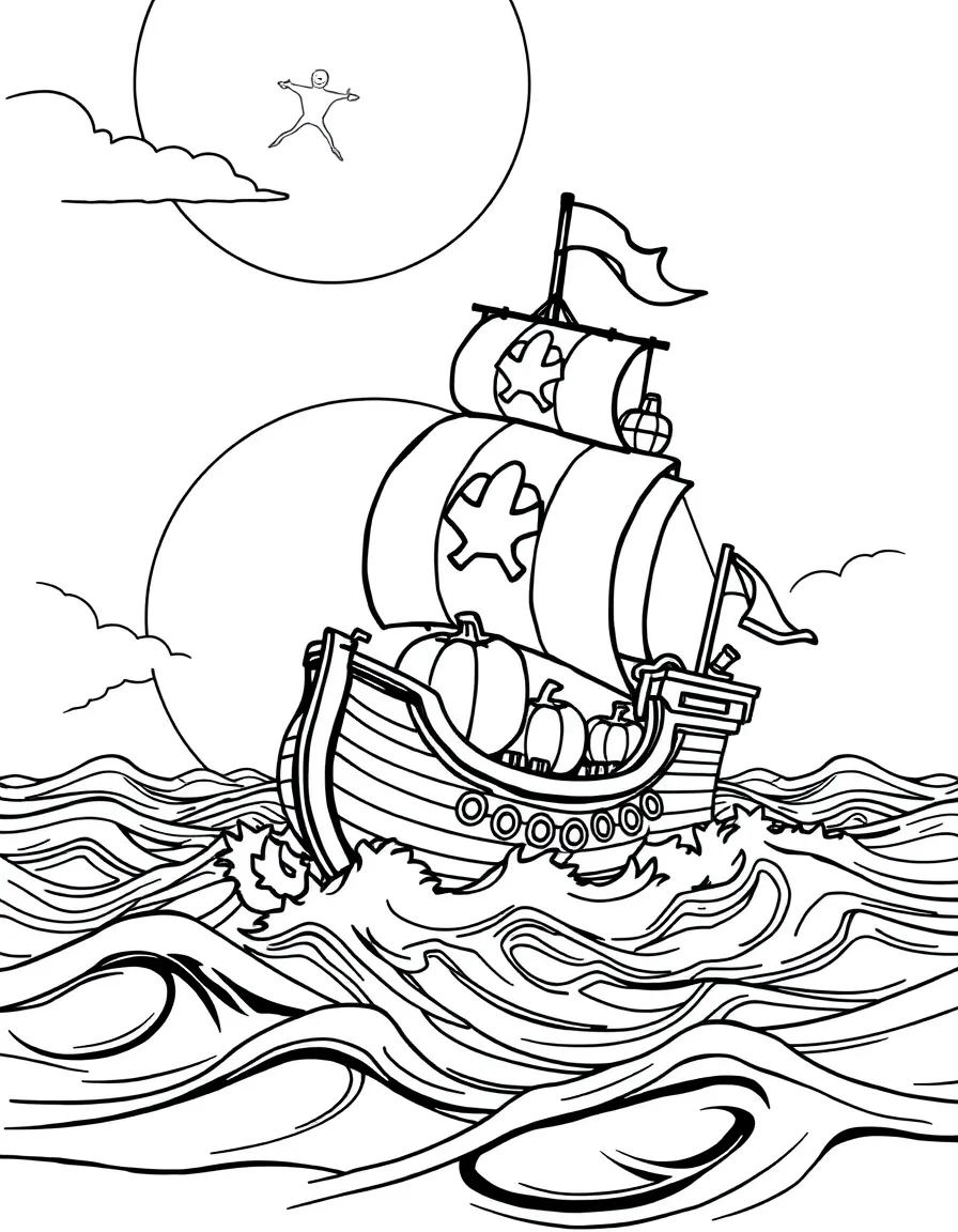 A pirate ship made of pumpkins sailing on moonlit waves