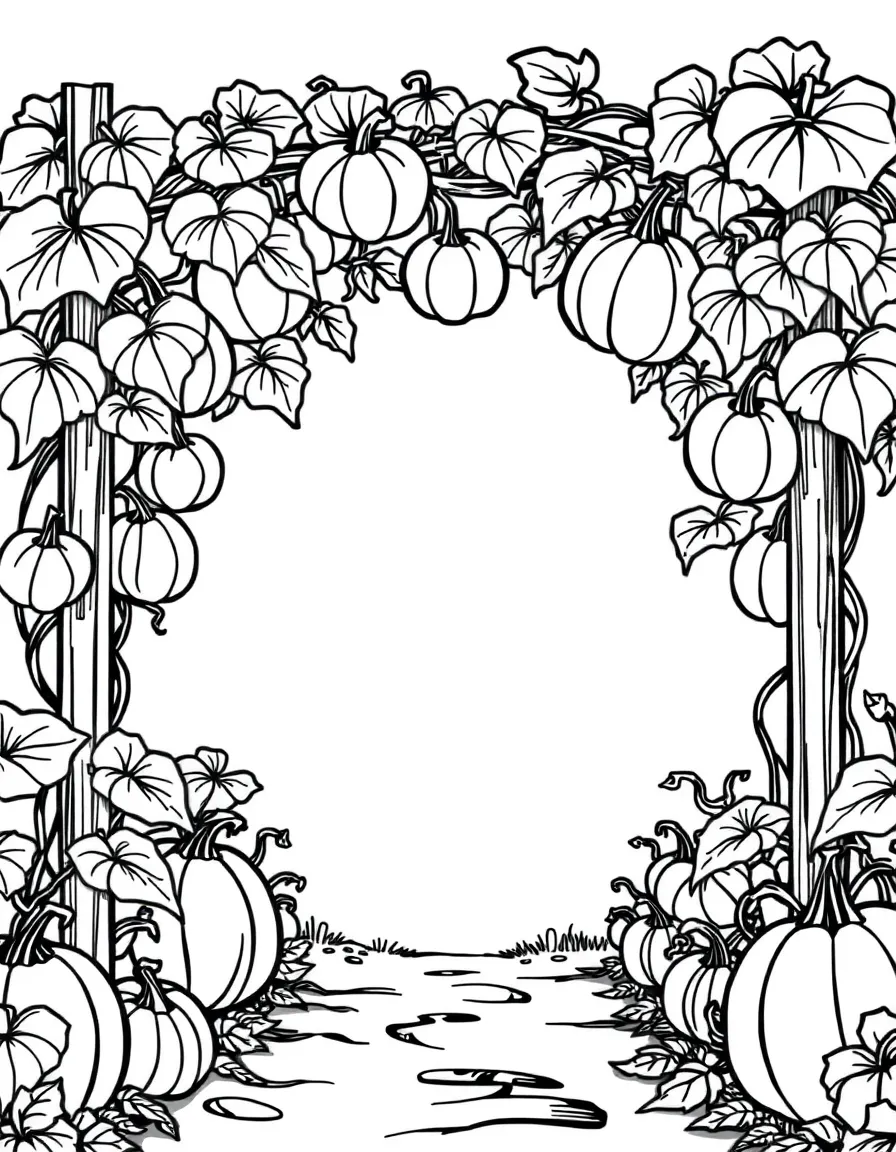 Pumpkins growing from a trellis forming an archway