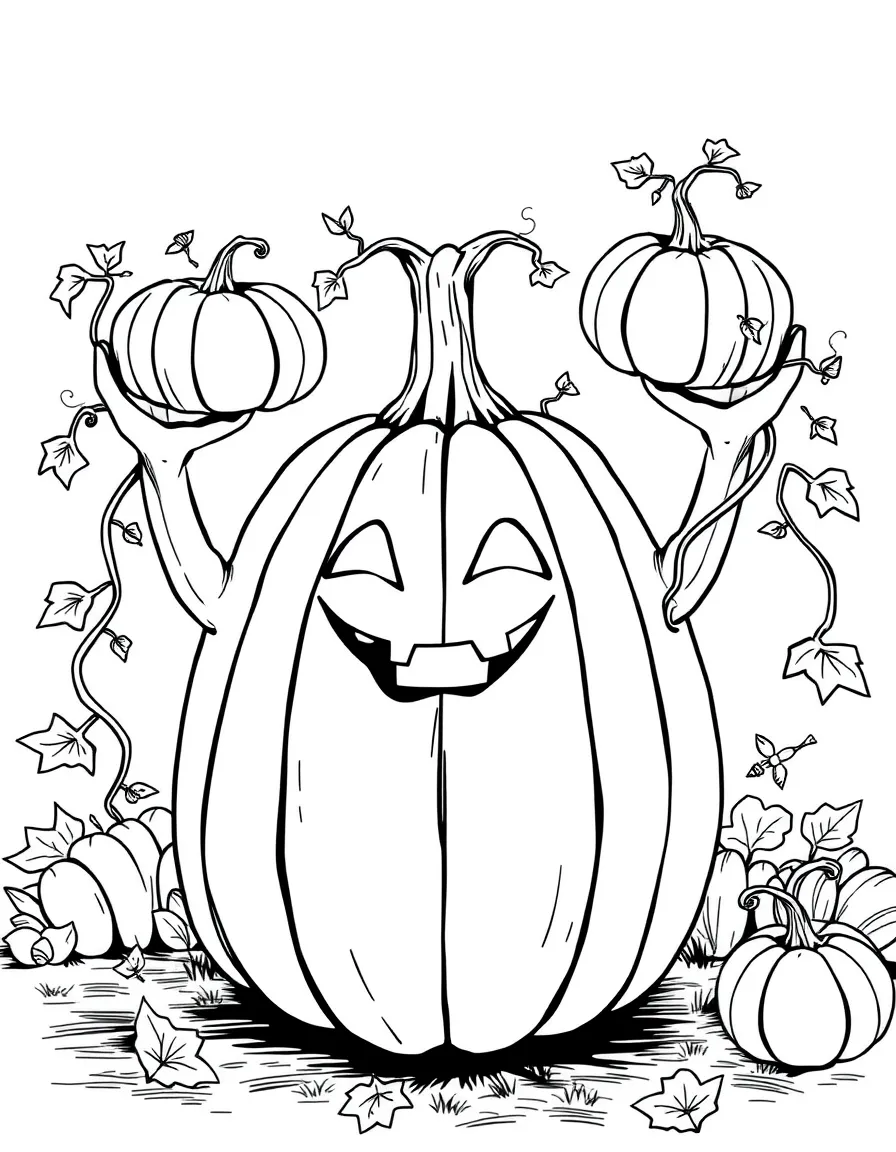 A pumpkin with vines for arms juggling smaller pumpkins