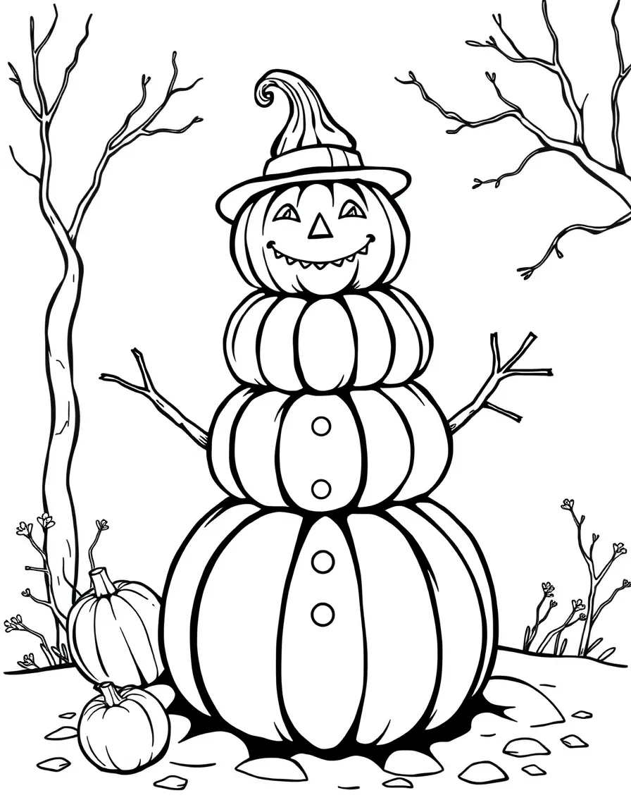 A stack of pumpkins disguised as a snowman