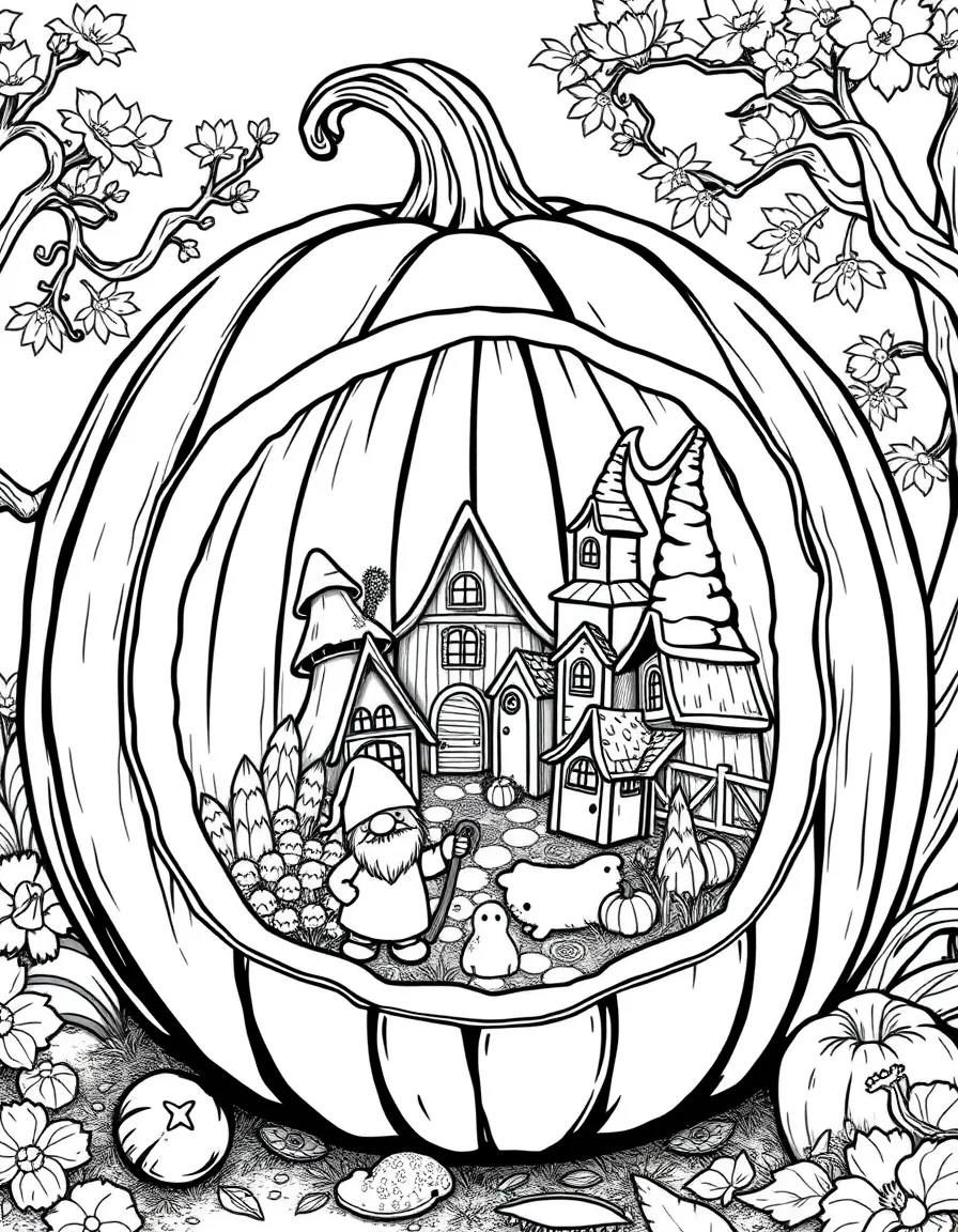 A gnome village built inside giant hollowed pumpkins