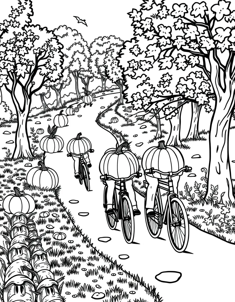Pumpkins riding bicycles down a winding path