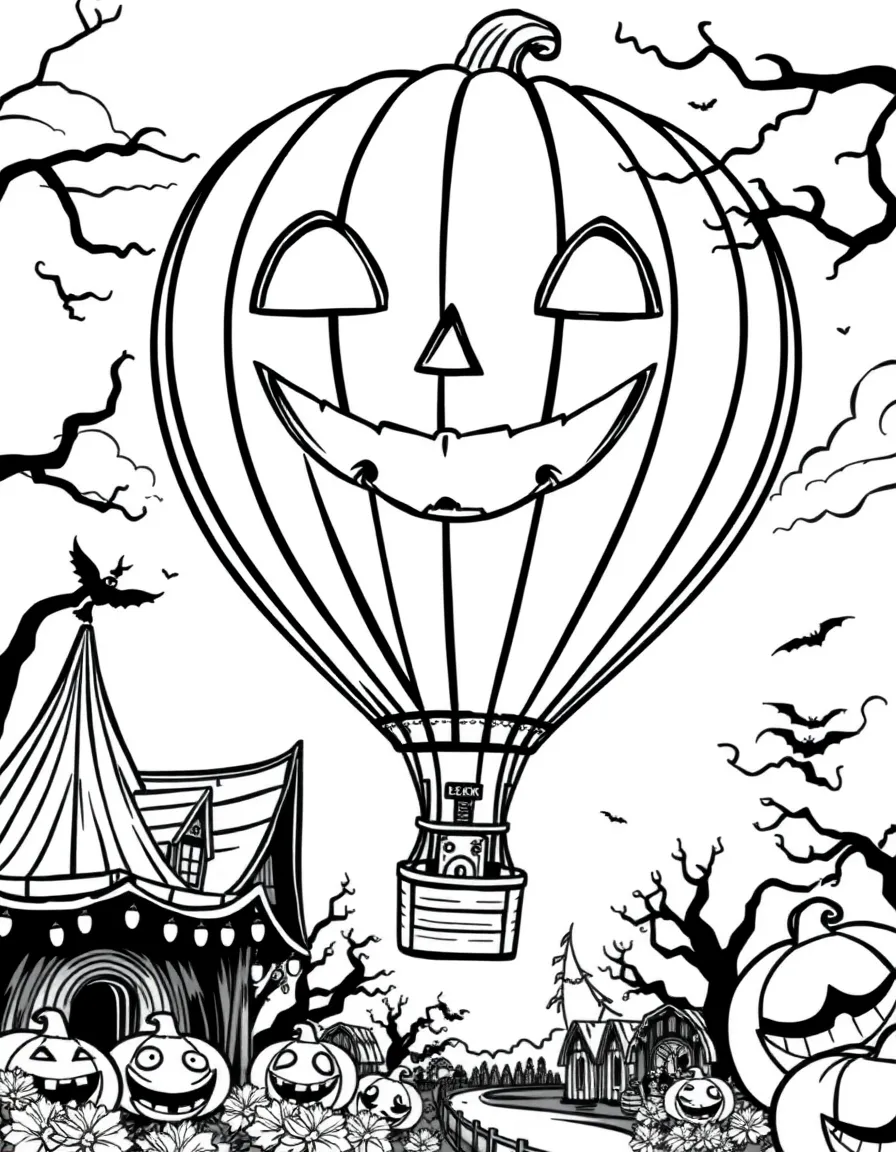 A pumpkin hot air balloon floating over a Halloween festival
