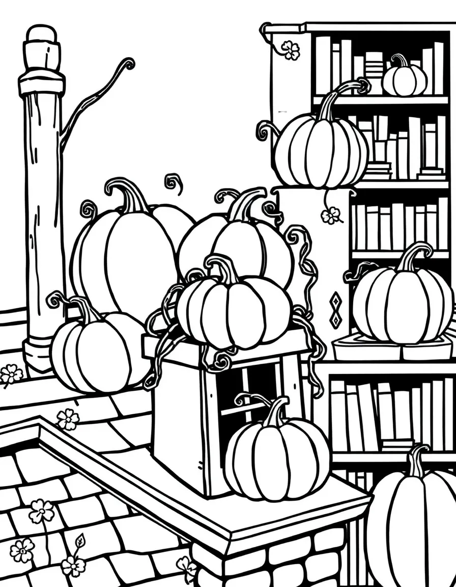 Pumpkins growing in unusual places (rooftops, chimneys, bookshelves)