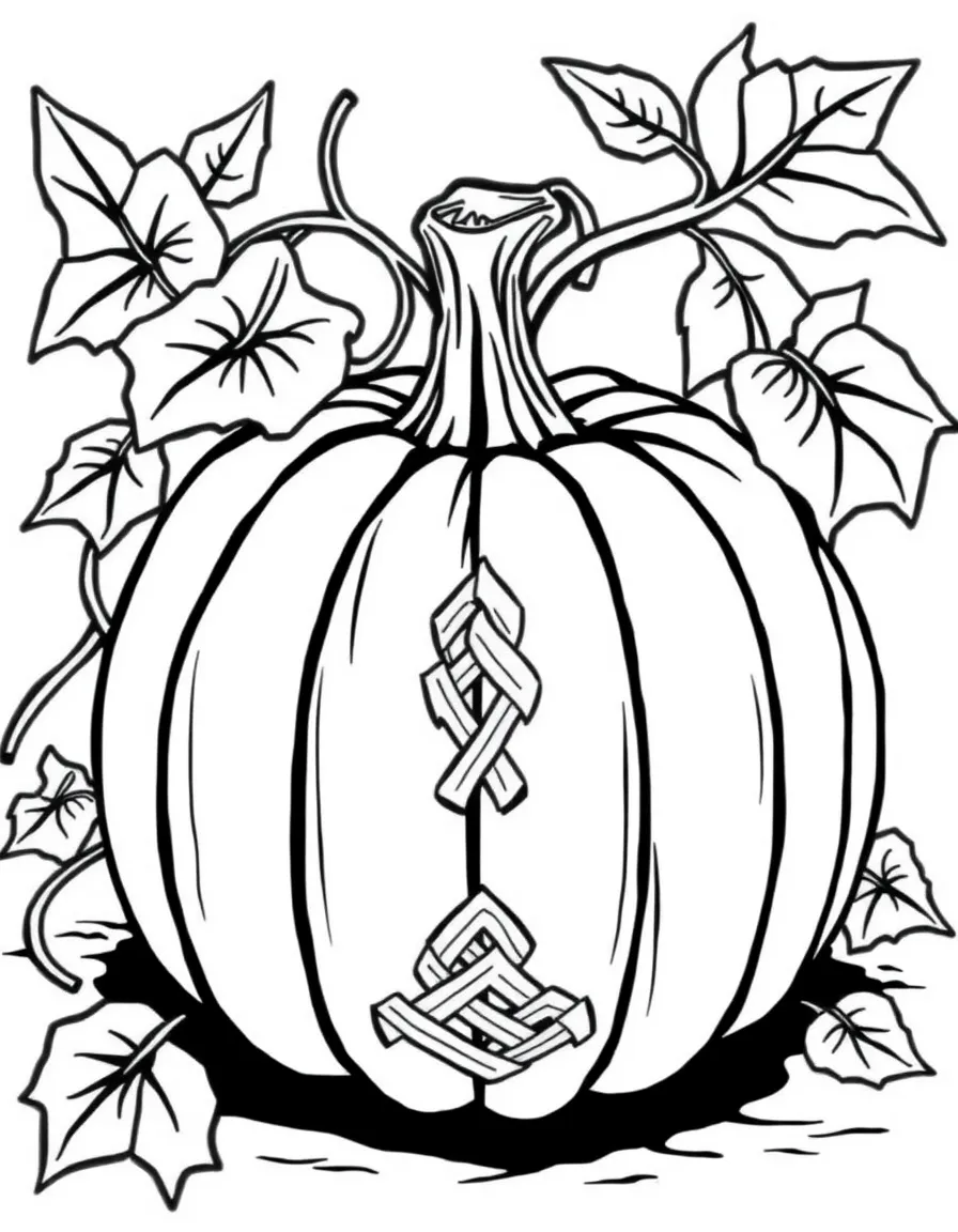 A pumpkin whose vine forms an intricate Celtic knot pattern