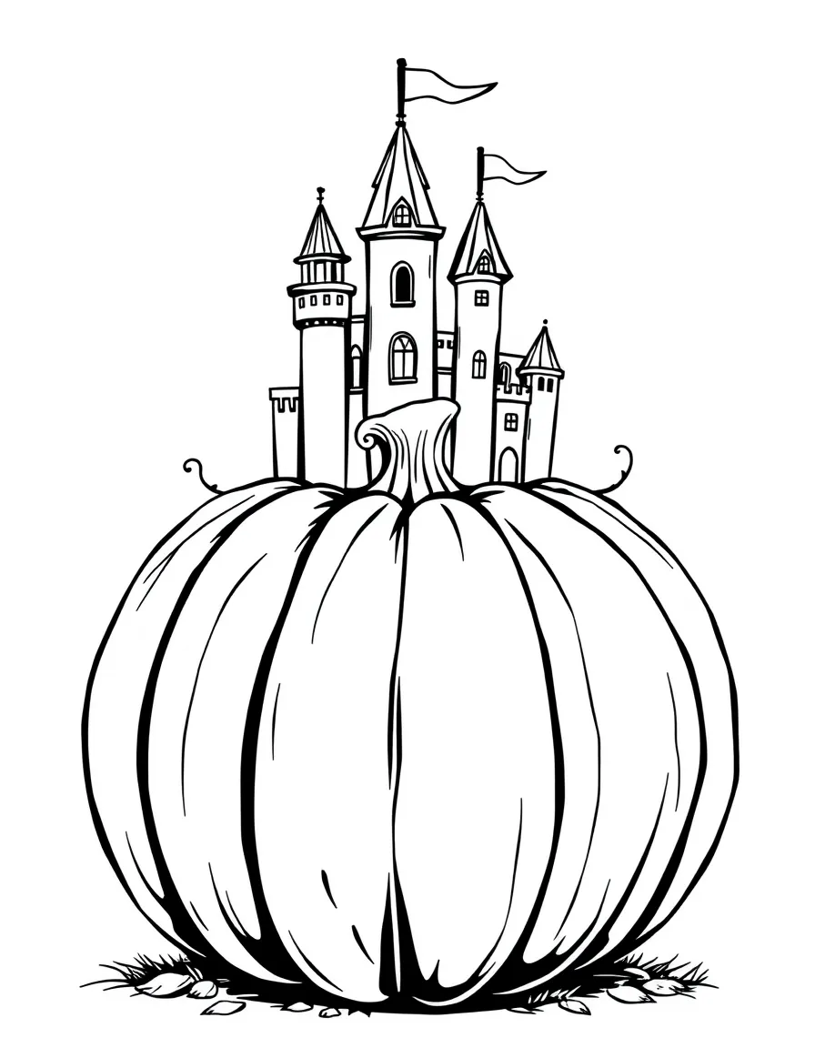 A pumpkin whose top is a castle with tiny windows and flags