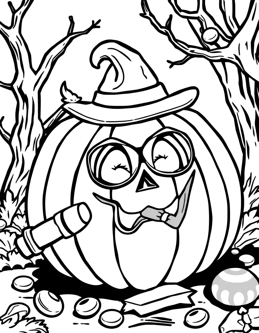A detective pumpkin investigating a missing candy case