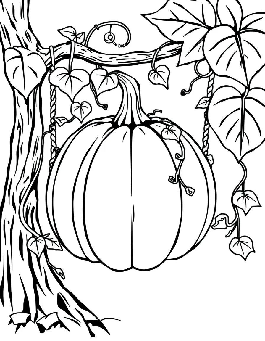A pumpkin whose vines form a swinging hammock