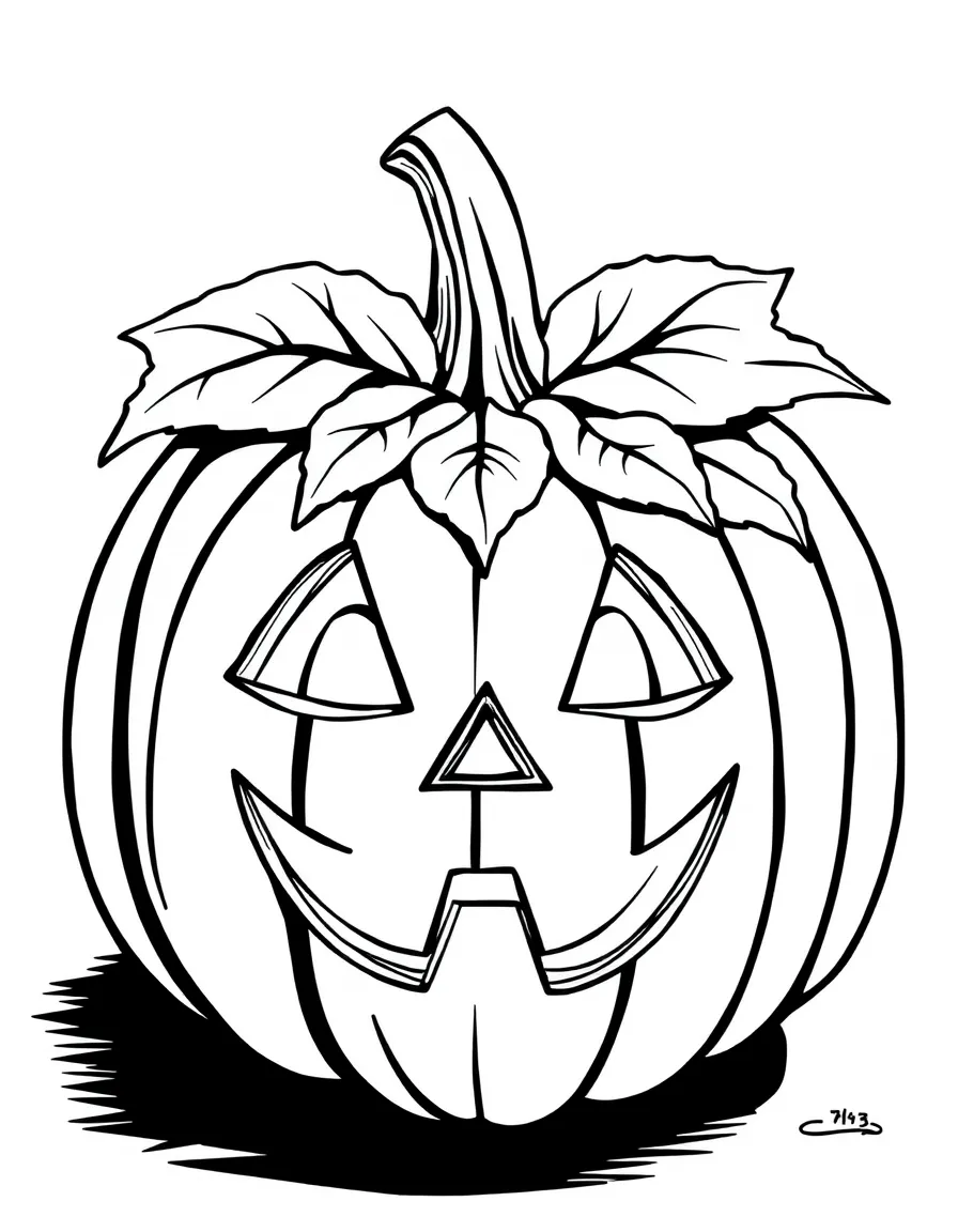A pumpkin with a face formed by carefully arranged leaves