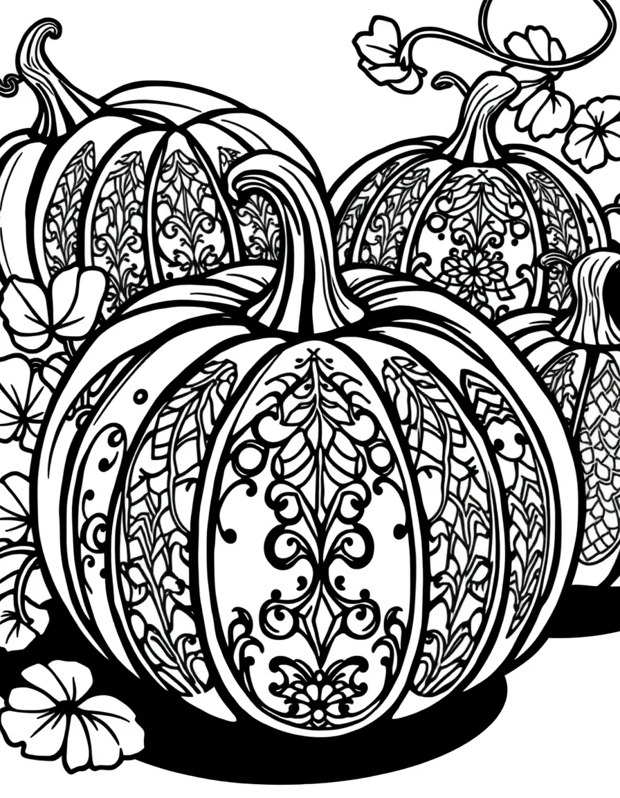Pumpkins with carved lace-like filigree patterns