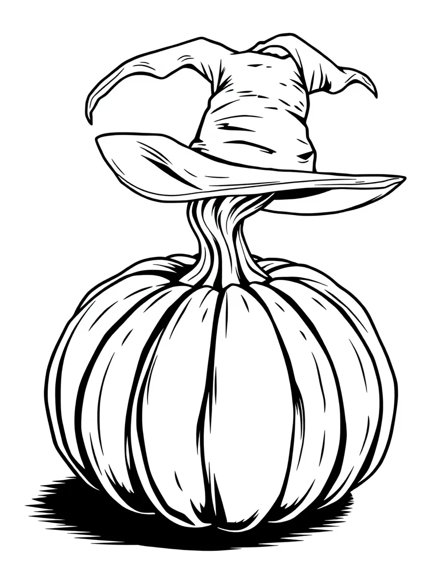 A pumpkin whose stem has grown into a twisted wizard hat