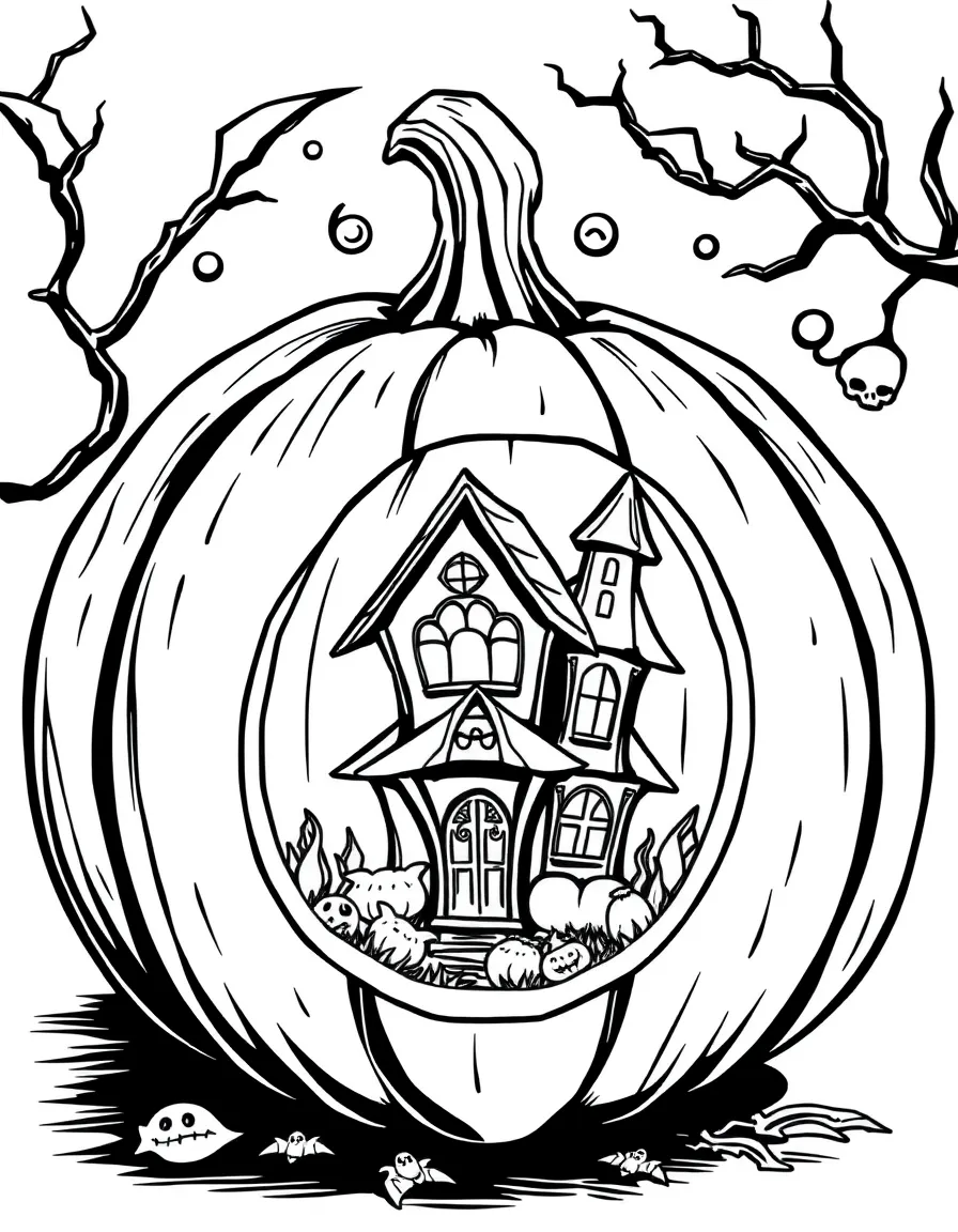 A pumpkin whose inside reveals a tiny haunted house