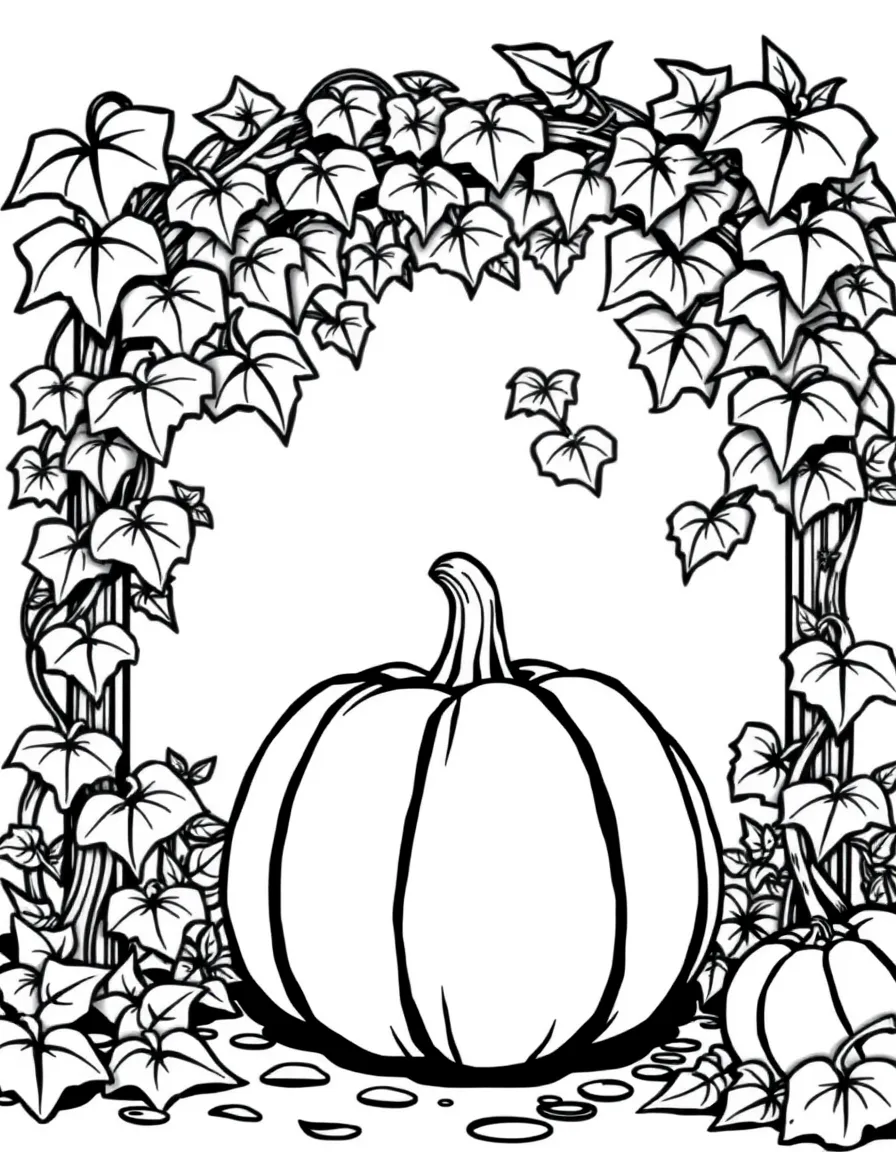 A pumpkin whose vines form a beautiful trellis archway