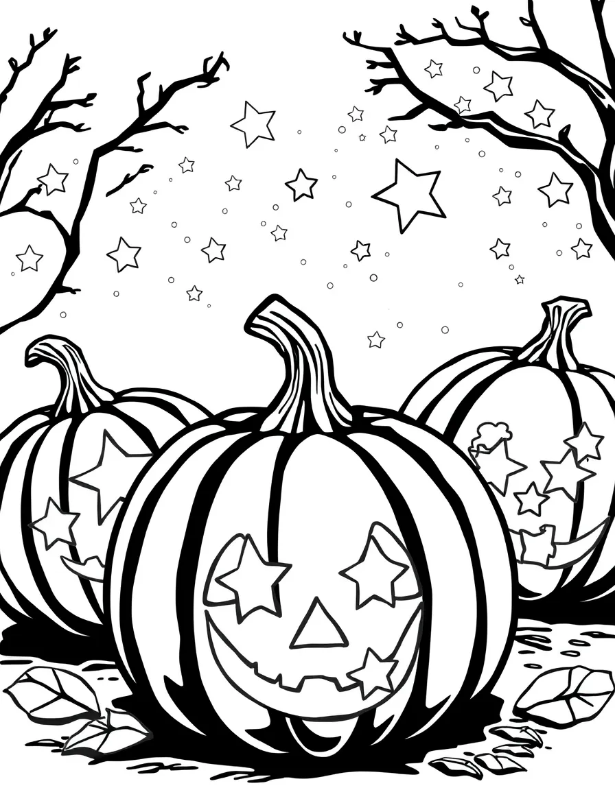 Pumpkins with carved constellations emitting starlight