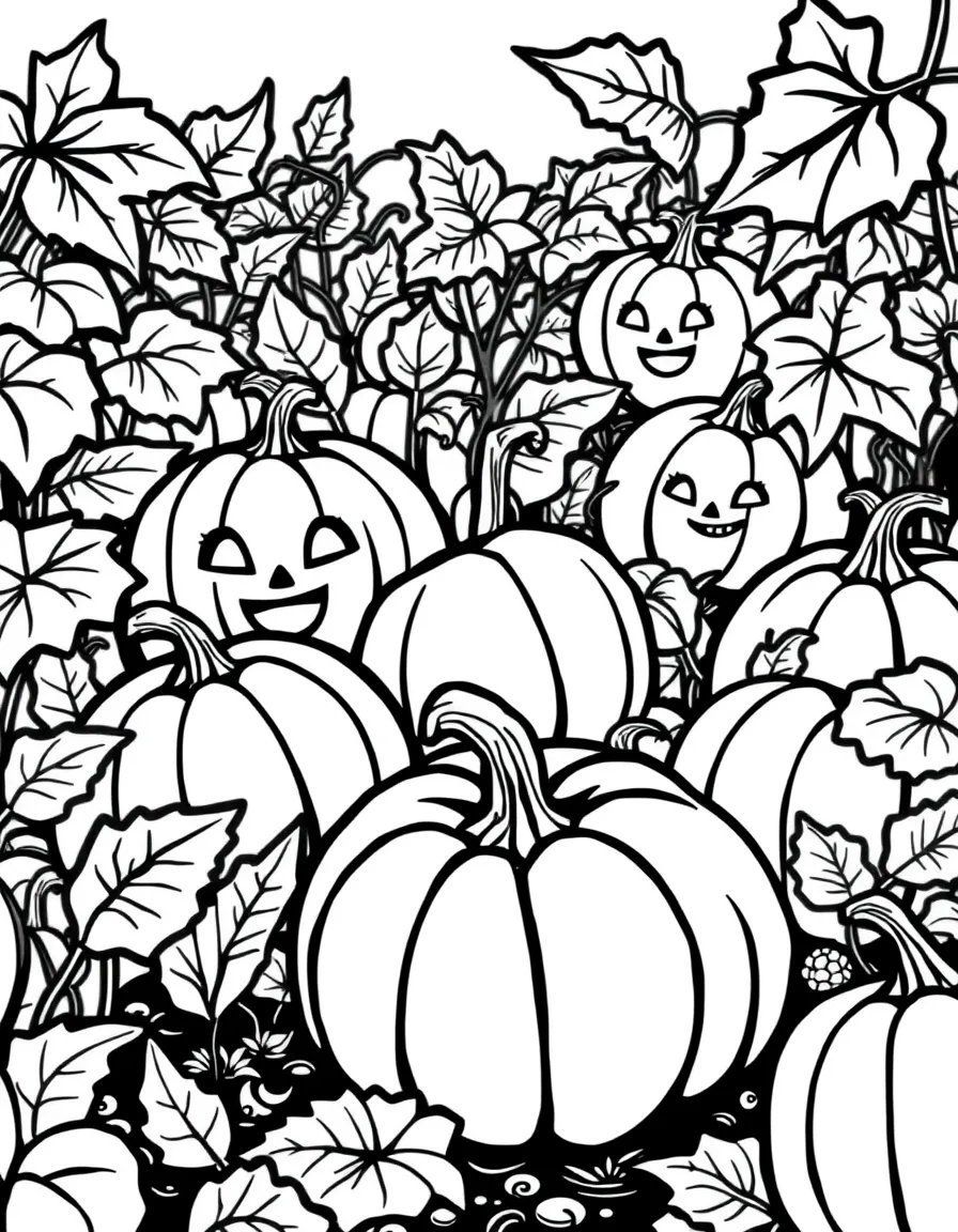 A pumpkin patch with hidden faces among the leaves