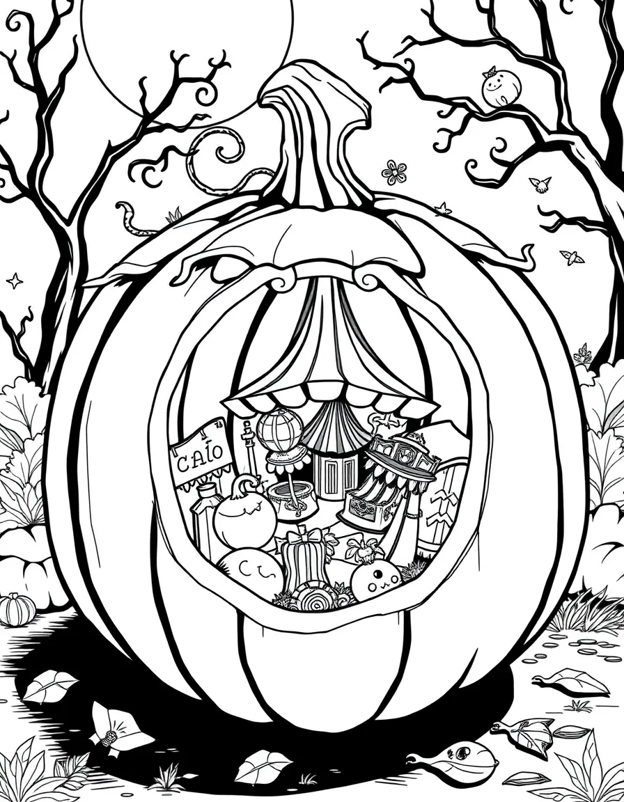 A pumpkin whose interior holds a miniature carnival