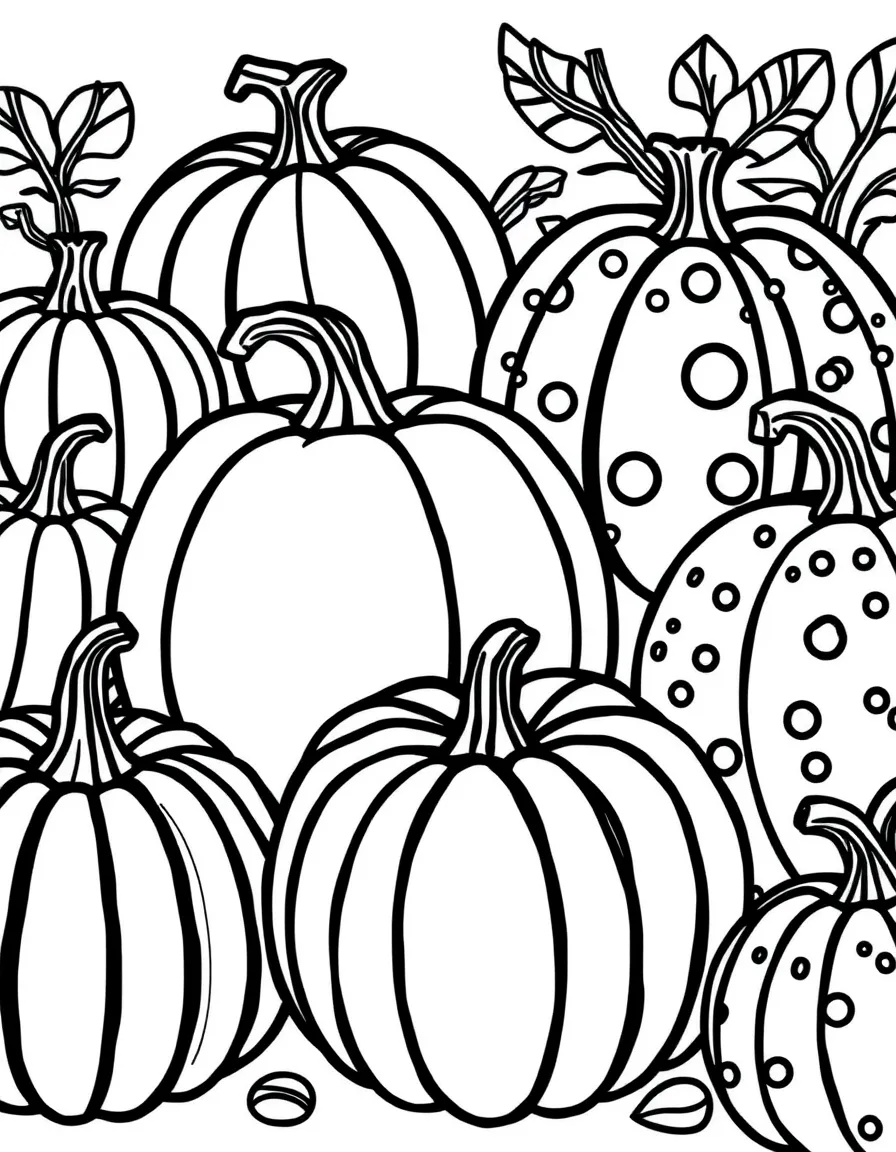 Pumpkins of different colors and patterns (striped, spotted)