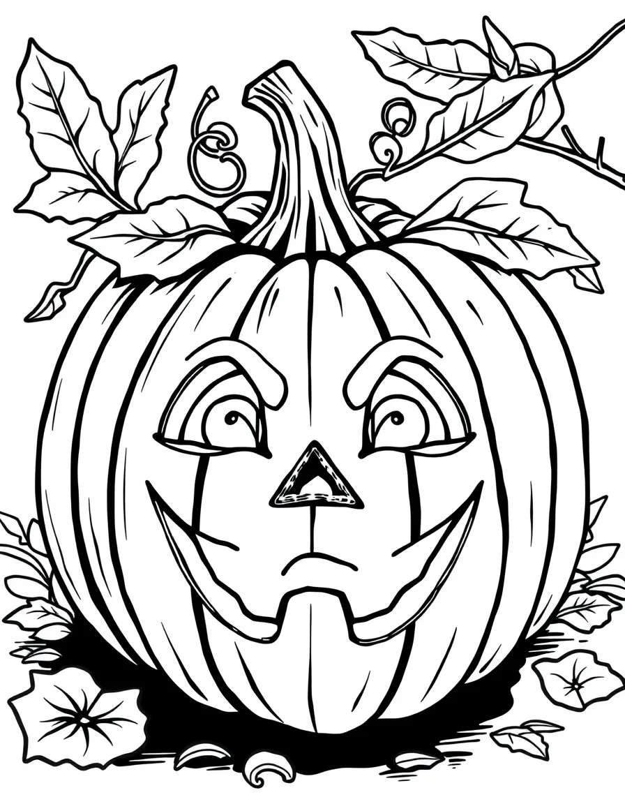 A pumpkin whose face tells a story as you move around it