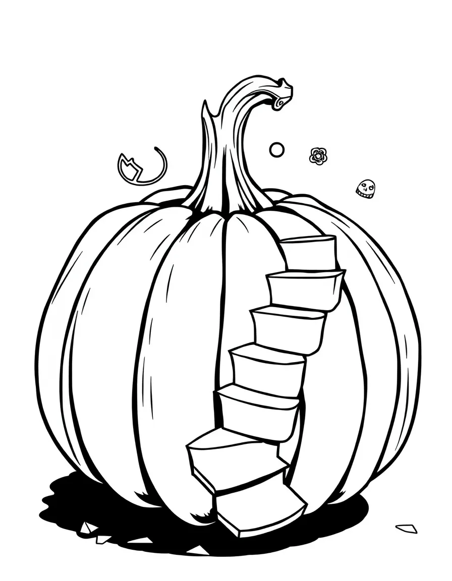 A pumpkin whose stem has grown into a twisting staircase