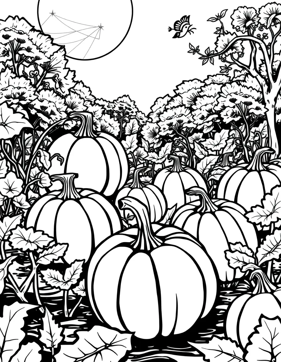 A pumpkin garden where new ones sprout from moonlight