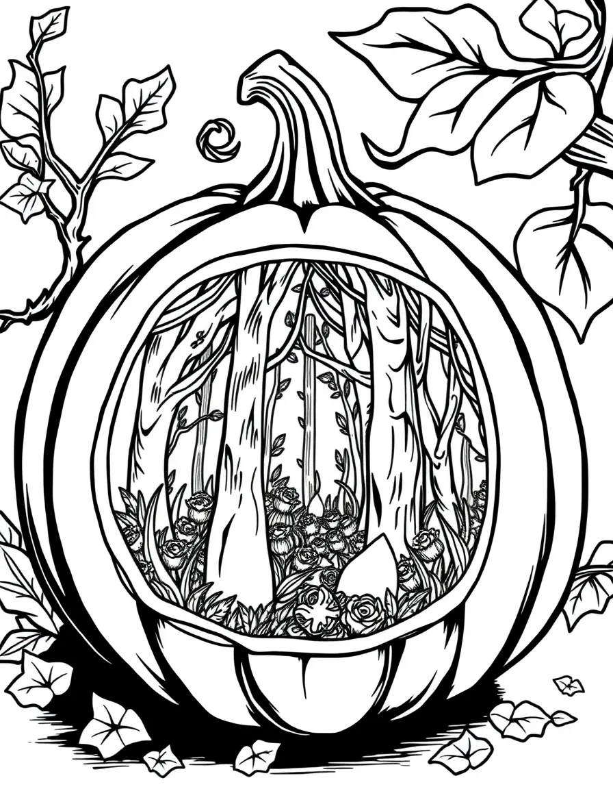 A pumpkin whose interior reveals a magical forest scene