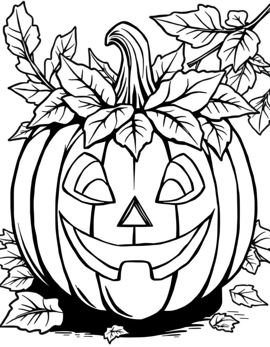 A jack-o'-lantern with a face carved out of autumn leaves