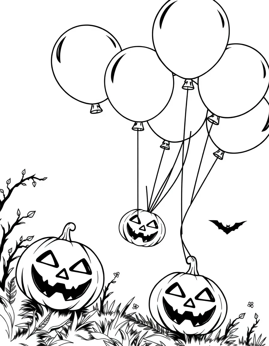 Jack-o'-lanterns attached to helium balloons floating upward